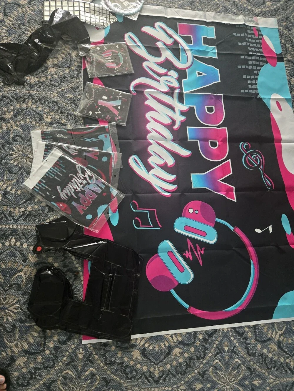 Happy Birthday Music Banner Party Backdrop - Black, Pink & Teal
